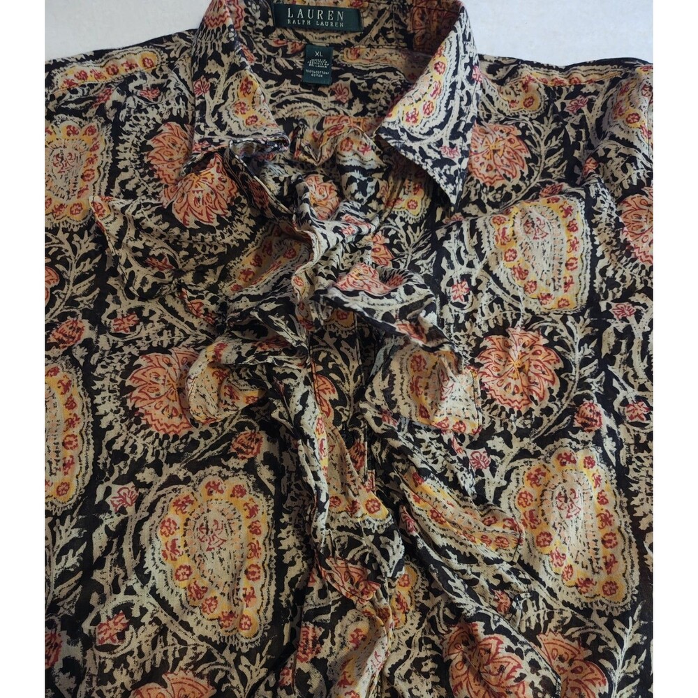 Lauren Ralph Lauren Womens XL Paisley Blouse Multi Color Cotton Ruffle Tie Neck - Picture 2 of 8